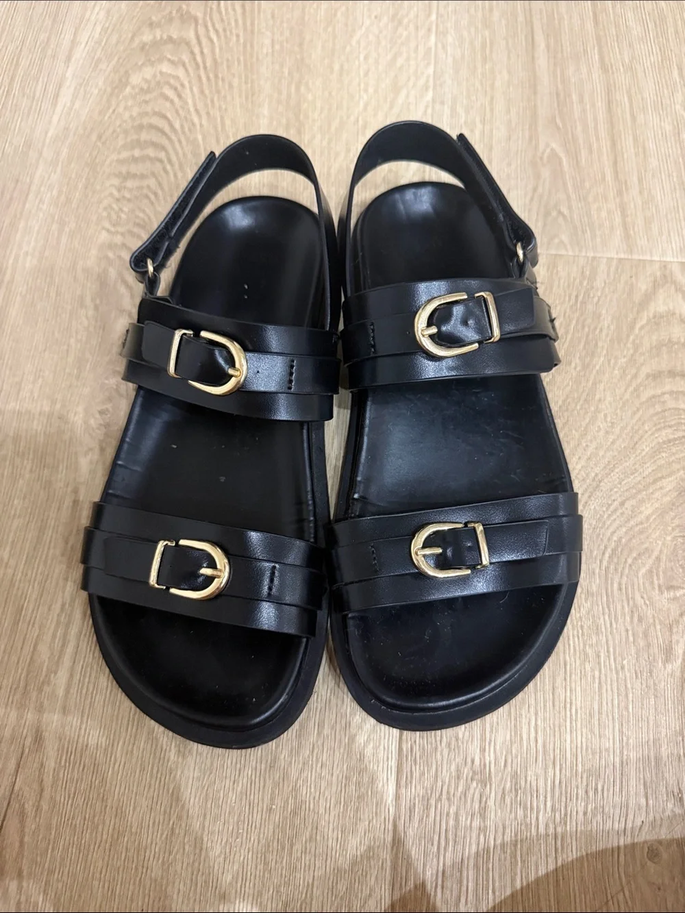 Zara Black Leather Sandals with Gold Buckles